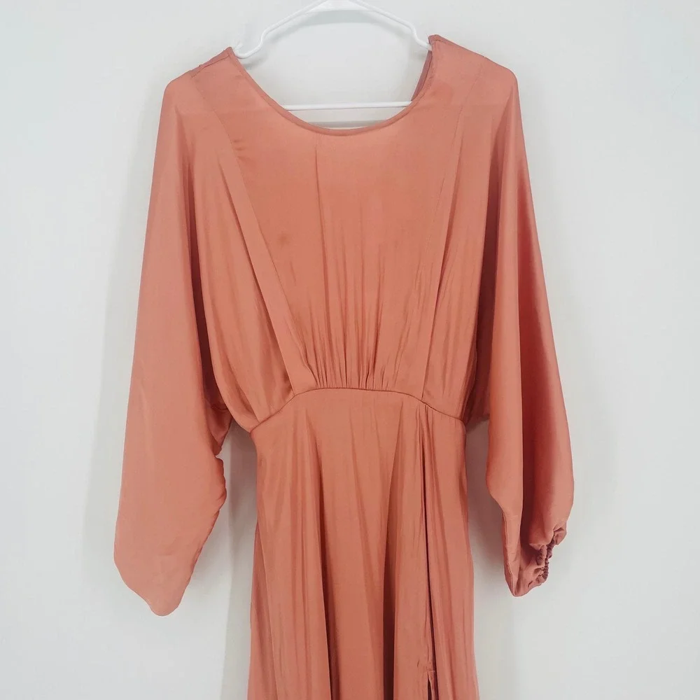 Blush Satin Midi Dress in Rose Blush with Balloon Sleeves - Picture 4 of 16